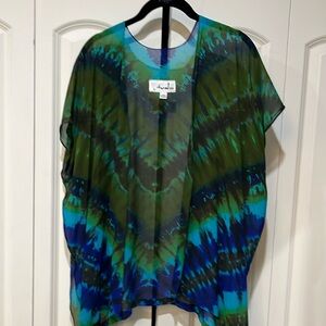 Avaloo silk cardigan tie-dye in vibrant blues and greens cap sleeve..